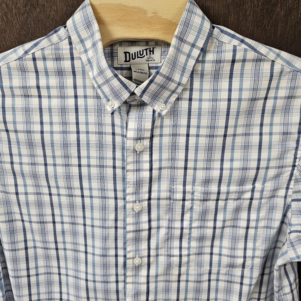 Duluth Trading Magnaready Relaxed Fit Shirt L Tall Blue Plaid Short Sleeves - Picture 2 of 6